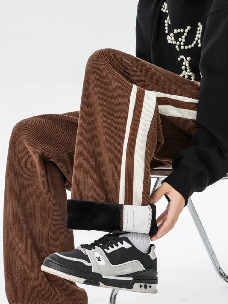 

Мужские зимние утепленные вельветовые брюки на флисовой подкладке, широкие повседневные брюки свободного кроя, спортивные брюки прямого кроя с широкой талией