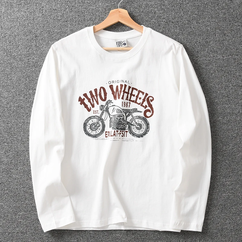 Autumn New American Retro Long-sleeved O-neck Motorcycle Printed T-shirt Men\'s Simple 100% Cotton Washed Casual Sport Tops