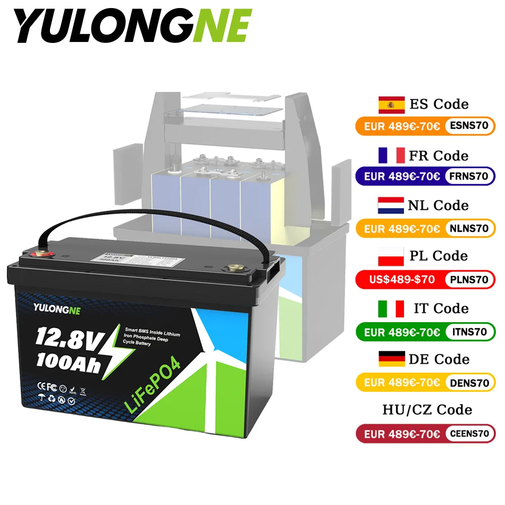 Batterie LiFePO4 YULONGNE 12,8V 100Ah avec BMS intelligent intégré, batterie lithium à cycle profond pour stockage d'énergie solaire, camping-car, bateau, hors réseau, stock UE