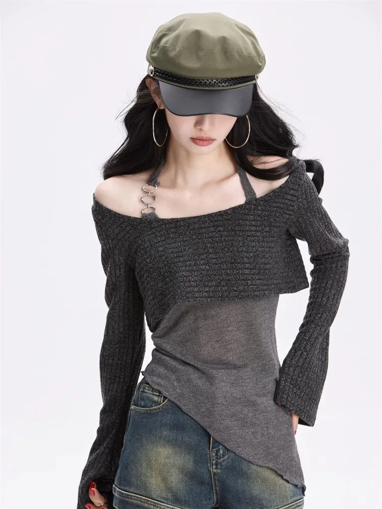 Sexy Slim Fit Irregular Bottoming Camisole Vest+ Long Sleeve Loose All-match Knitted Tops Women 2024 New Two Piece Sets