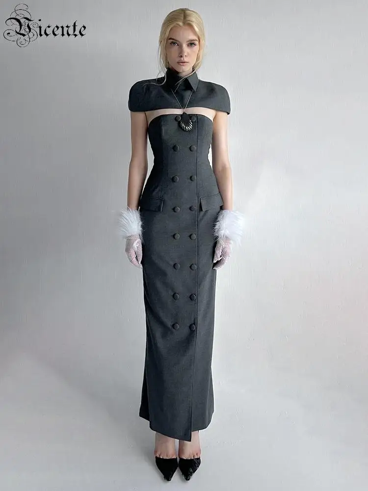 

VC Elegant Gray Double Breasted Jumpsuit For Women Vintage Bodycon Evening Gown With Shawl Chic Office Lady Formal Party Suit