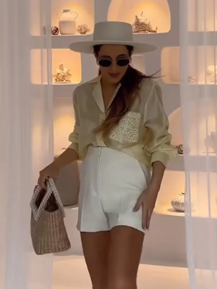 HH Summer Woman Elegant Single-Breasted Embroidery Decorate Translucent Top 2025 Women Chic Lapel Long Sleeves Loose Shirts