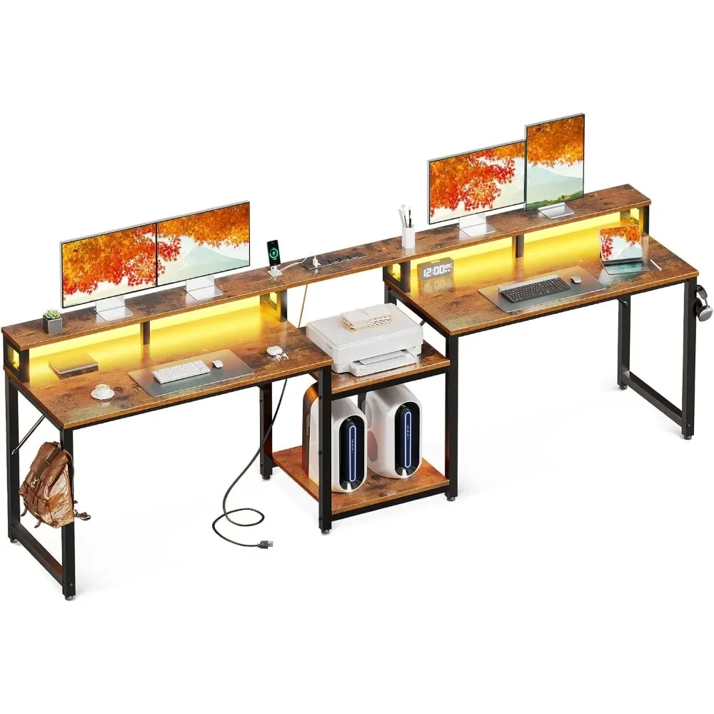 

98" Home Office Computer Desks with Storage Shelves- 2 Person Writing Desk with LED Lights & Power Outlet, Long Two Person Desk