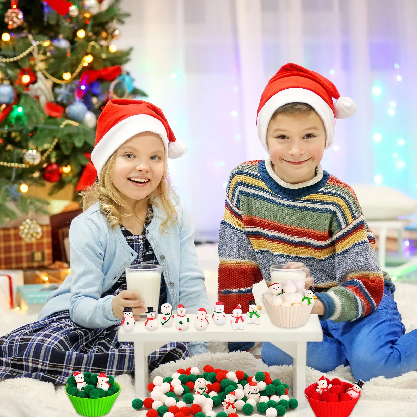 

277 шт., рождественский наполнитель для сенсорных контейнеров, зимние предметы сенсорного контейнера, 240 помпонов, 24 полимерных рождественских снеговика