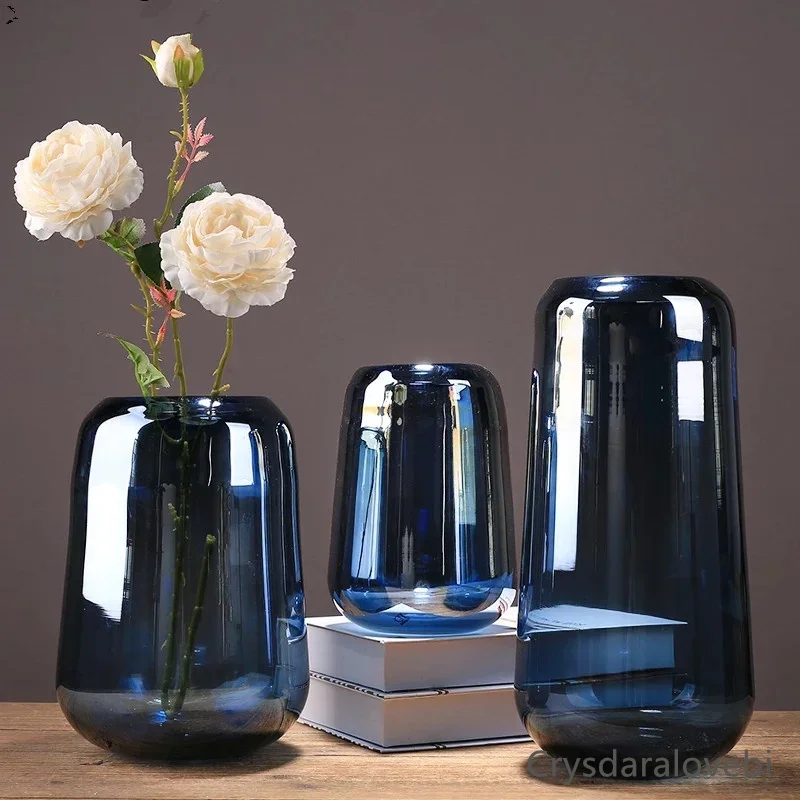 

Nordic Transparent Blue Hydroponic Glass Vase Decoration Living Room Flower Arrangement Accessories Simple Countertop Vase