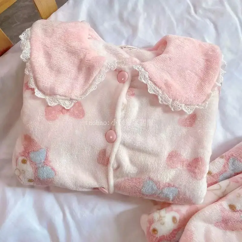

Kawaii Home Clothes My Melody Pink Pajamas Suit Sanrio Anime 2Pcs Coral Fleece Soft Cardigan Tops Pants Women Plush Sleepwear
