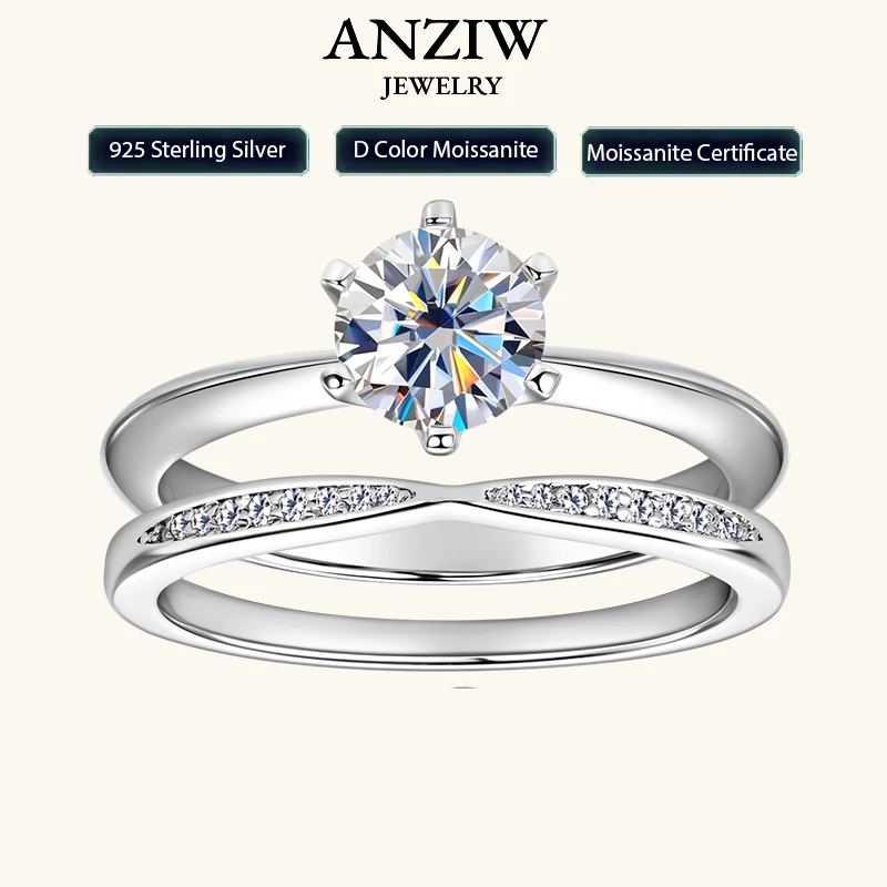 

Classic 1.0ct D Moissanite Wedding Engagement Rings for Women 925 Silver Solitaire Bridal Ring Stackable Half Eternity Band Sets