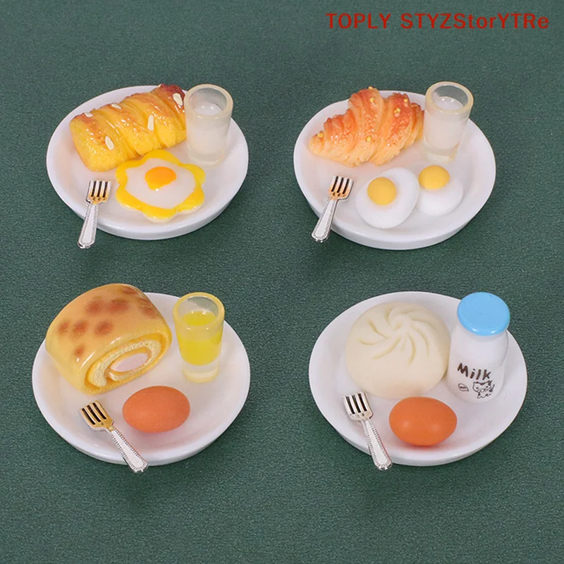 Lifelike 1/12 Dollhouse Miniature Breakfast Set of Steamed Buns, Egg, Bread, Milk for Kids Pretend Play and Kitchen Decoration