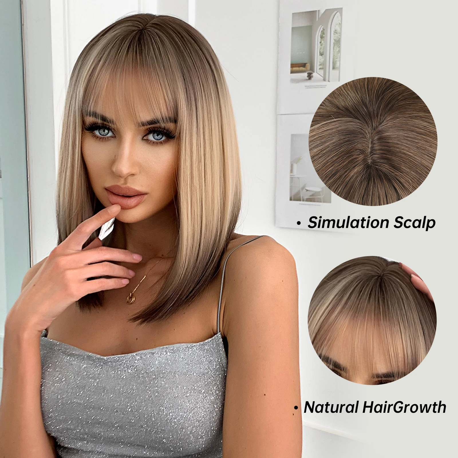 HENRY MARGU Short Straight Bob Synthetic Wigs for Black Women Blonde Brown Ombre Wigs with Bangs Cosplay Hair Heat Resistant