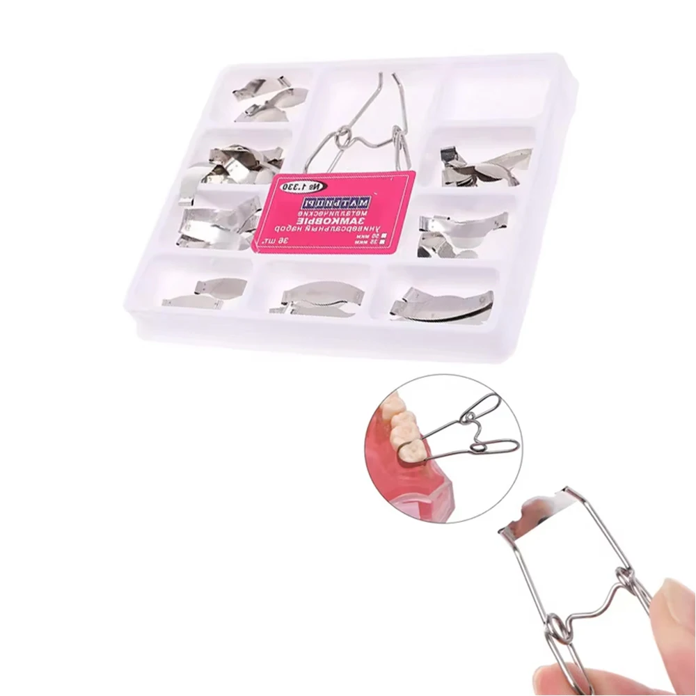 36pcs Dental Matrix Springclip Kit No.1.330 w/Contoured Metal Matrices Full Set for Dental Restoration & Saddle