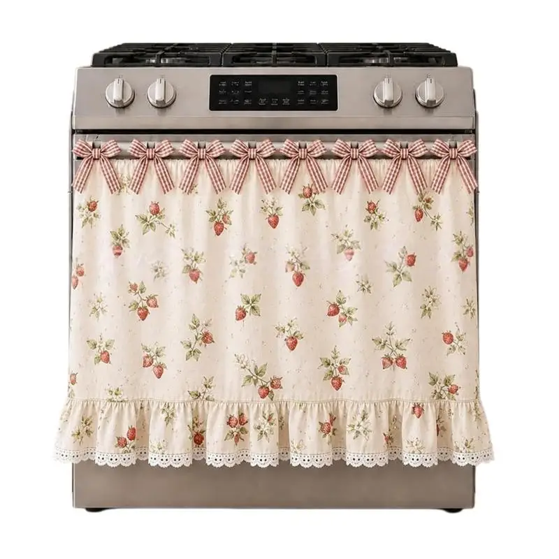 E8BD Stove Skirts Oven Curtain with Lace Ruffle Trim 9 Ribbon Tie for Cottage Kitchen