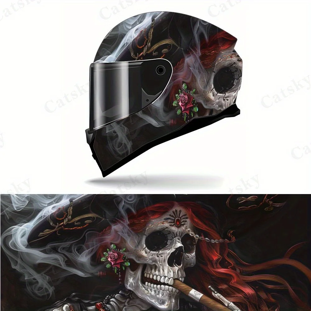 

Skull Hat and Roses Art Smoke PVC Motorcycle Helmet Vinyl Wrap, Self-Adhesive Waterproof Sticker, Anti-Scratch Decorative Film f