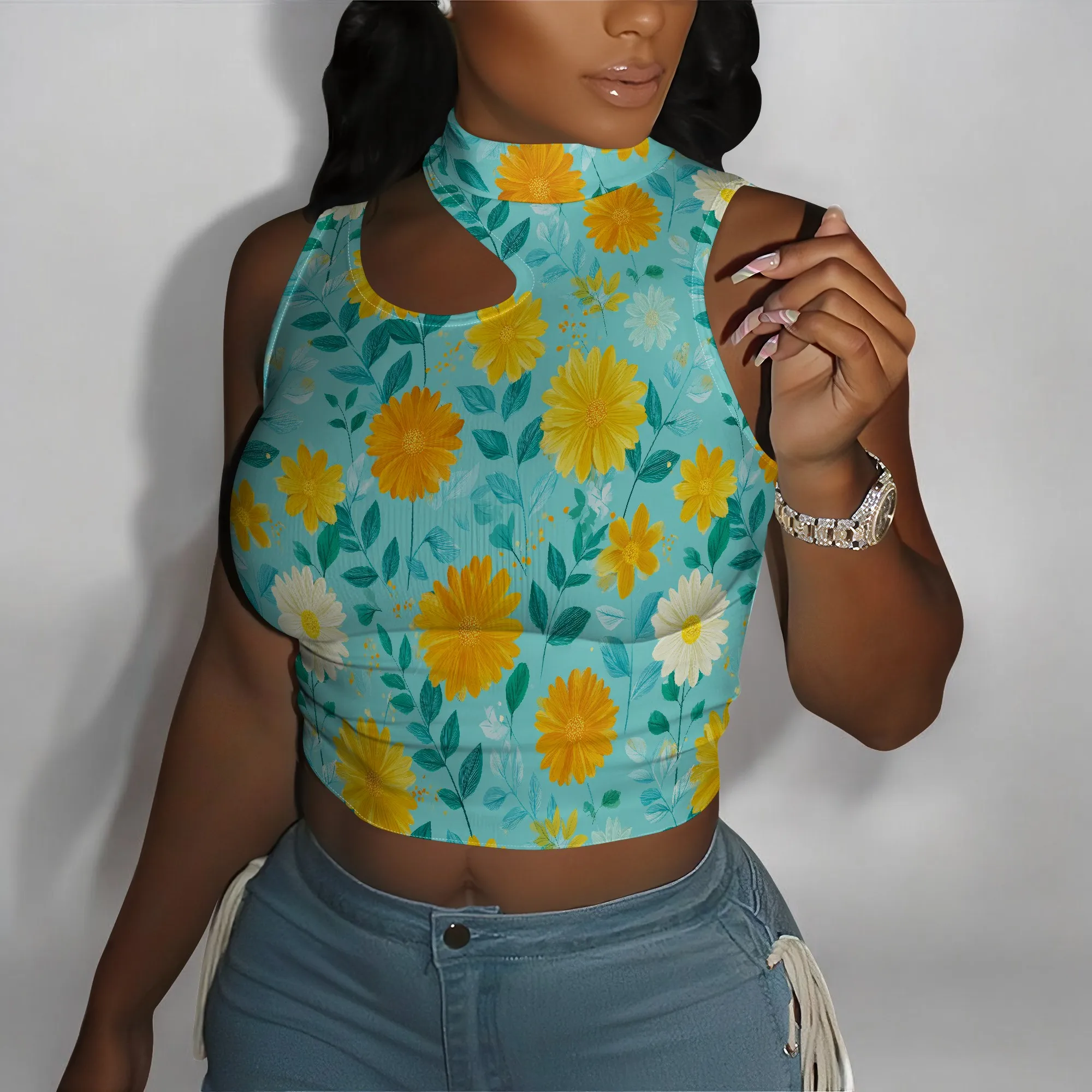 Crop Tops for Women Sexy Cut Out Tops Mock Neck Tank Top