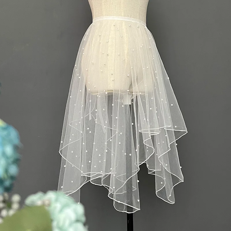 Sweet Lolita Asymmetrical Waist Curtain Sheer Mesh Cover up Skirt Women Summer See-through Sunscreen Beach Skirts White Black