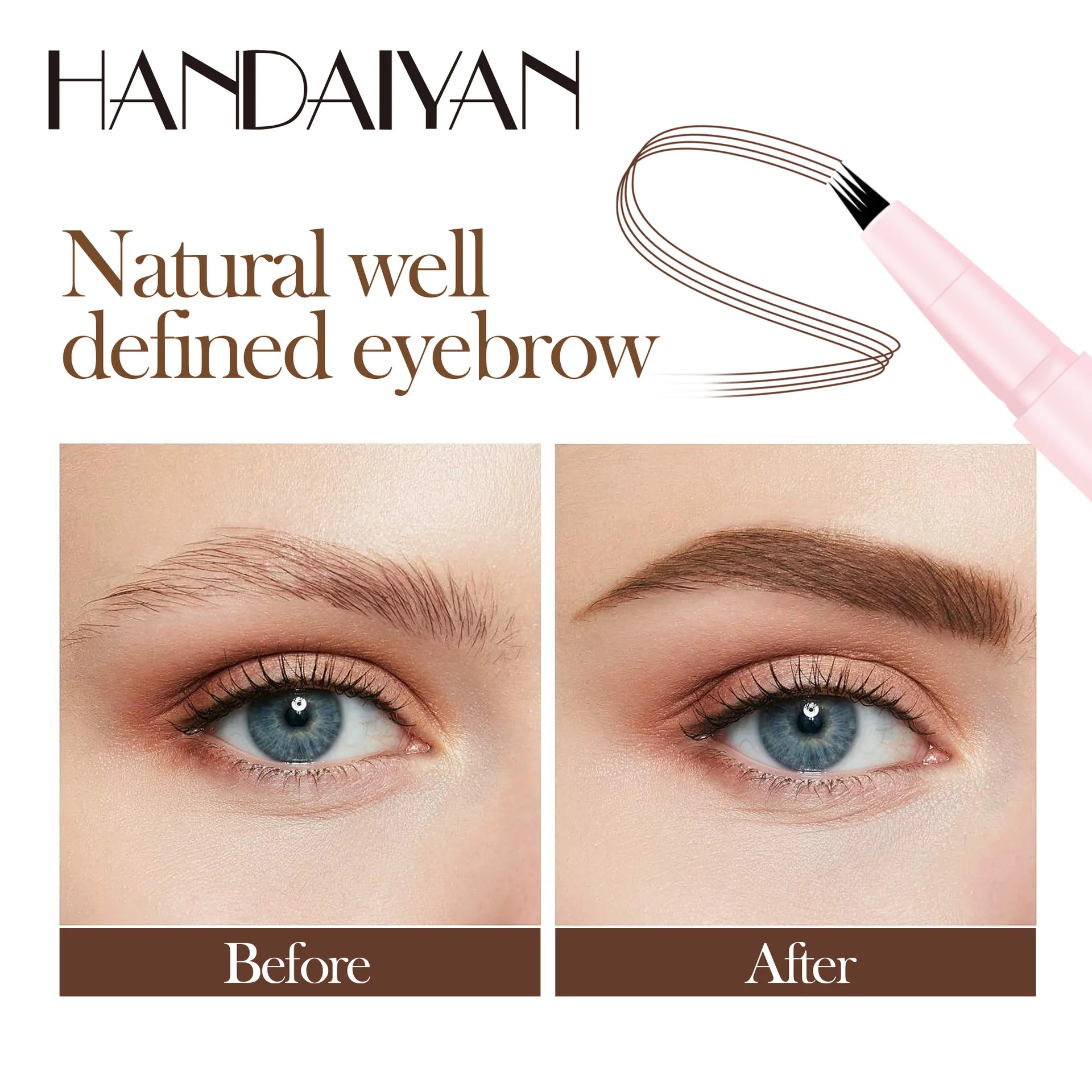 HANDAIYAN lápiz de cejas líquido de cuatro tenedores, cejas naturales impermeables, resistentes al sudor, duraderos sin decoloración