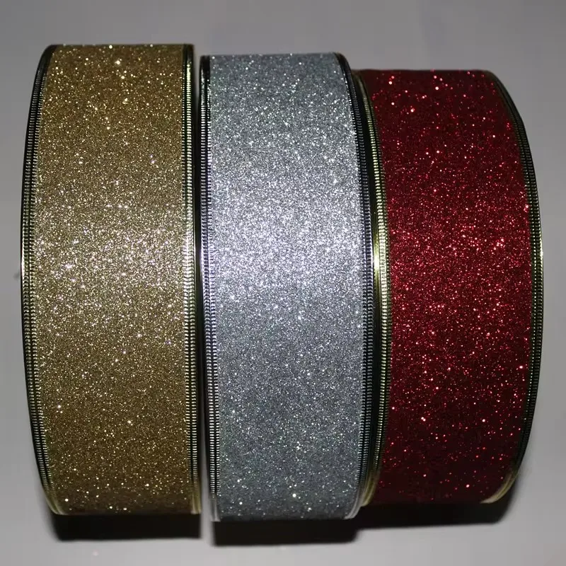 200cm*6.3cm Glitter Decorative Ribbons Red Silver Gold Ribbon With Iron Wire Christmas Decoration Ribbons for Crafts Bows