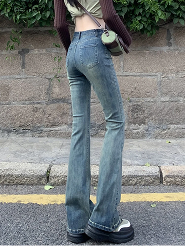 Duomofu-Jeans de cintura alta feminino com botão de zíper, clássico, simples, lavado, vintage, fino, feminino, casual, moda de rua, primavera