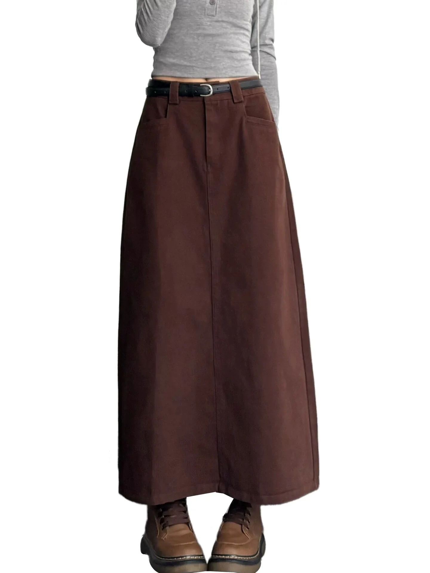 

Y2K Корейская джинсовая юбка женская кофейного цвета миди свободная тонкая элитная осенняя мода с длинным разрезом