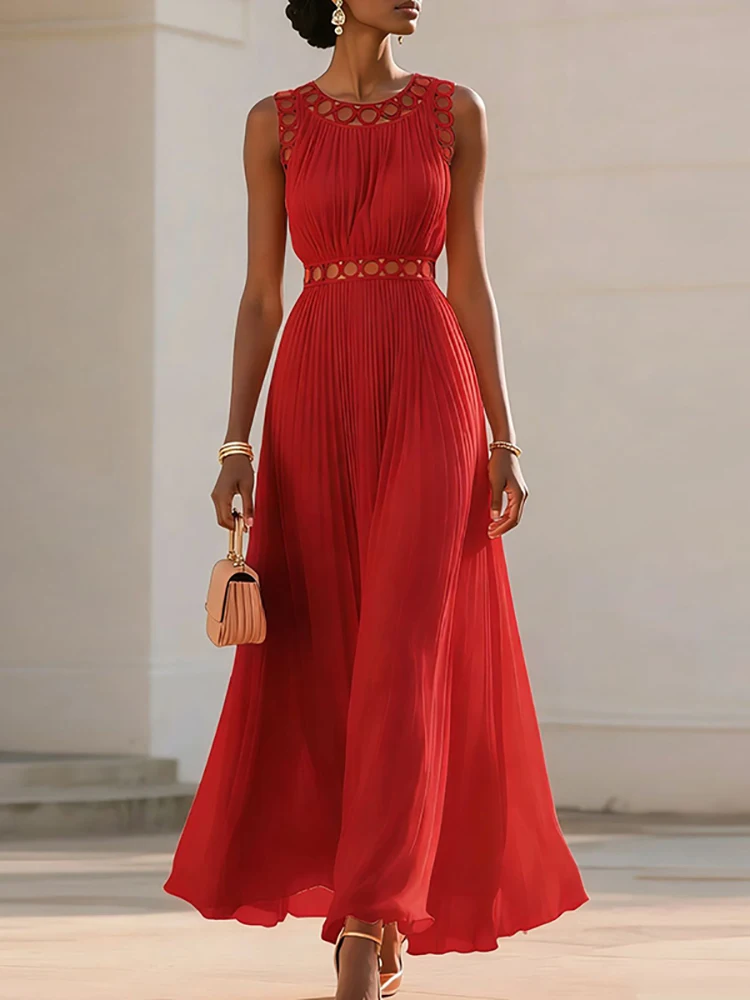 Szyfonowa sukienka maxi z wysokim stanem, plisowana, elegancka, w jednolitym kolorze, do pracy, codzienna, z dekoltem typu O, z wycięciami, bez rękawów, na imprezę.