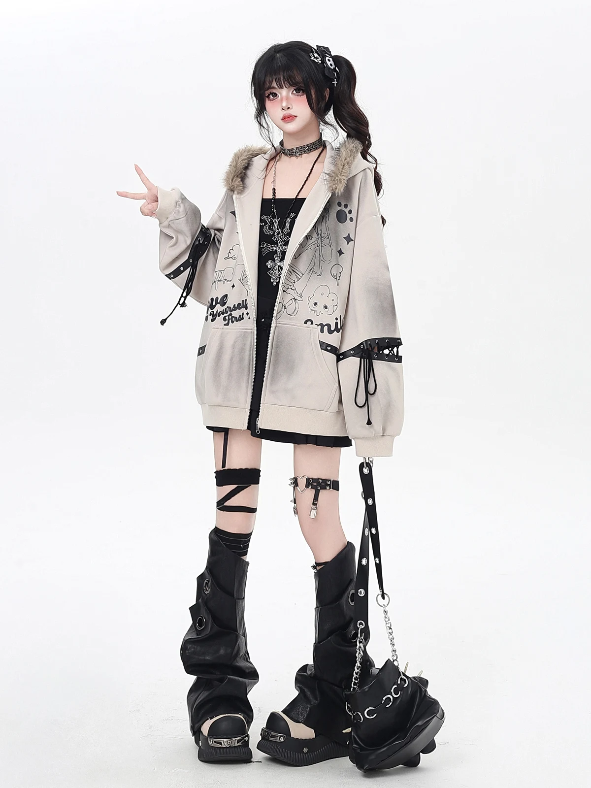 American Punk Sweet Cool Girl Fur Collar Hooded Jacket Lace-up Long Sleeve Cartoon Print Zipper Casual Sweatshirts Women Autumn