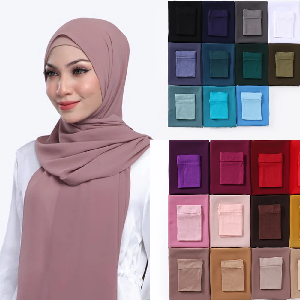 

2PCS/SET Hijab+inner women new spring and summer Breathable Ironless chifffon hijabs Long Shawl and Jersey caps