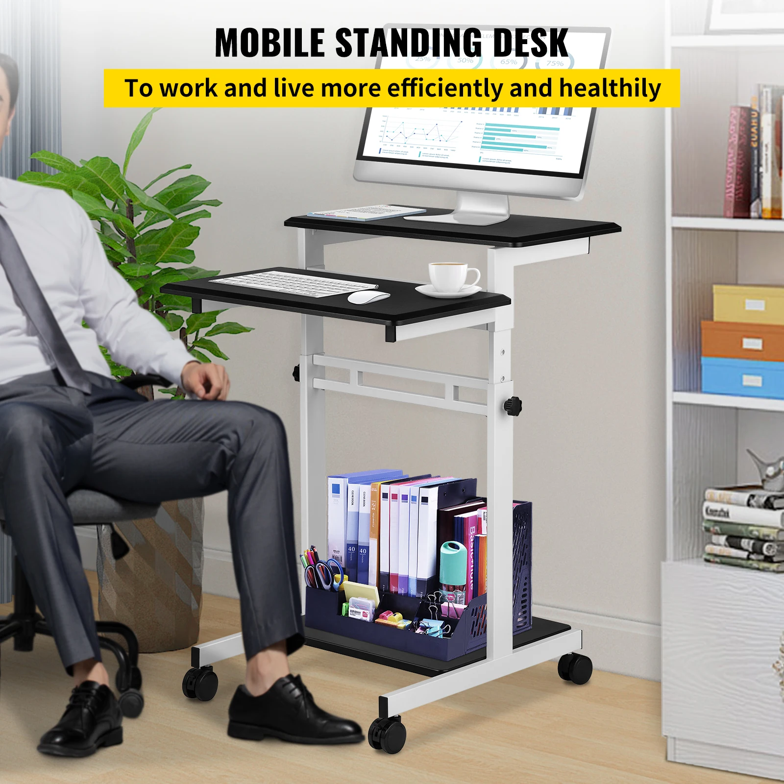 VEVOR Scrivania Mobile a 3 Ripiani Regolabili da 87-119 cm, Tavolo per Laptop con Ruote in Acciaio e MDF, Uso Come Podio in Classe, Tavolo per Computer, Supporto per Proiettore, Carrello di Servizio