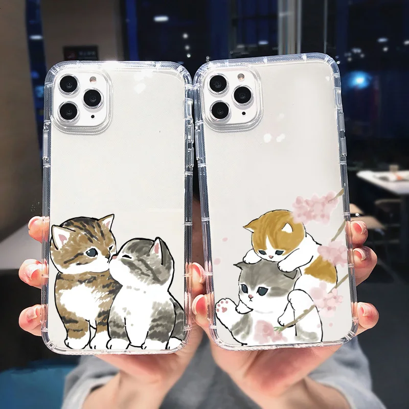 Funny Personified Cats Couple Phone Case for iPhone 14 13 12 11 15 Pro Max Mini XR XS 15 Plus SE Clear Shockproof Covers Shells