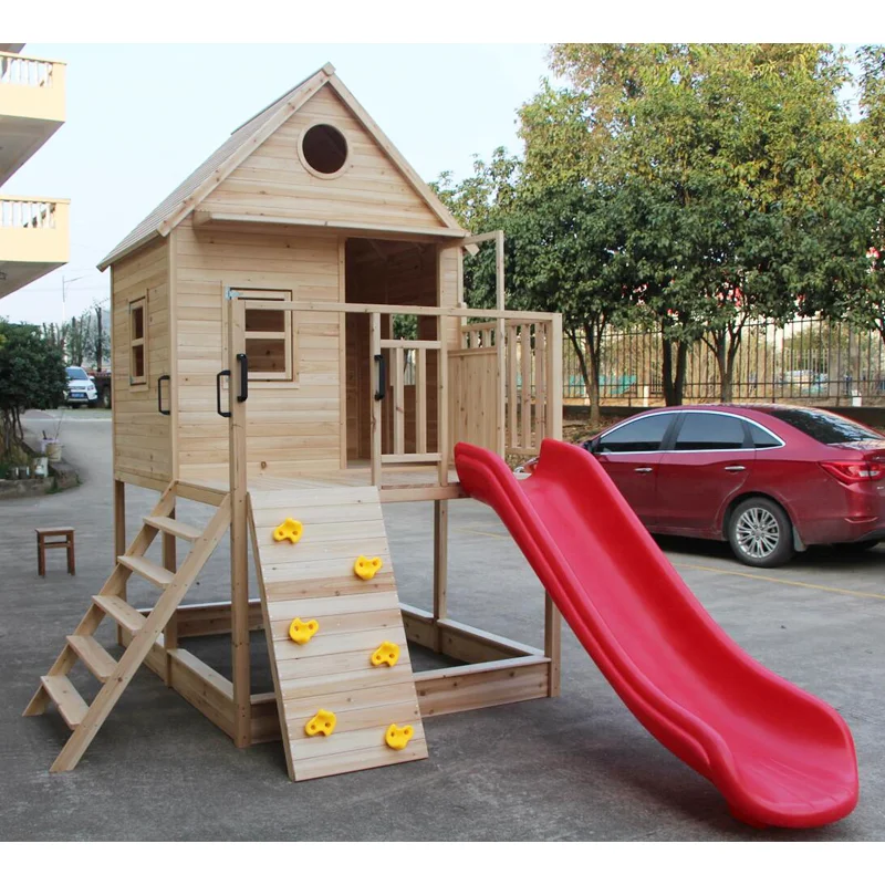 Large Outdoor Backyard Wood Garden Kids Wooden Playhouse With Slide