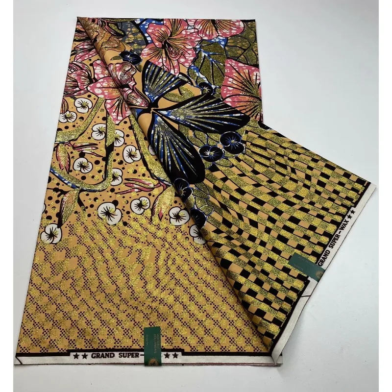 قماش مطبوع بالشمع القطني الأفريقي، قماش شمع جراند سوبر هولانداي، جليتر شمع ذهبي، 6 ياردات