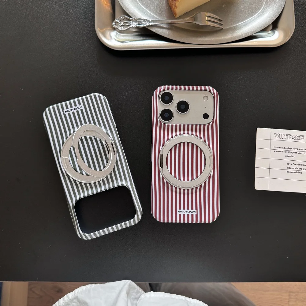 Kawaii Vintage Stripe Magnetic Stand Case For iPhone 15 16 17 Pro Max Dual‑Color Stripe Pattern Hard Shell Shockproof Cover