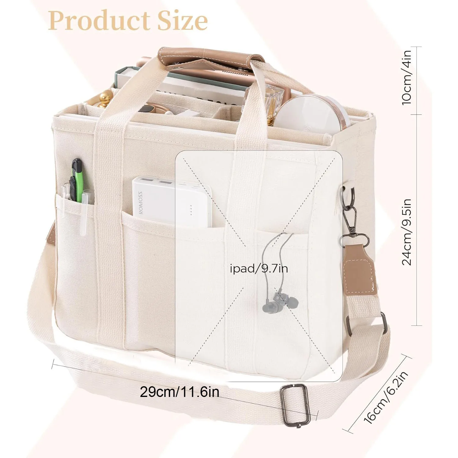 Women\'s Casual Canvas Handbag Multi-pocket Large Capacity Tote Bag Adjustable Shoulder Strap Casual Shoulder Shopper Bag Female