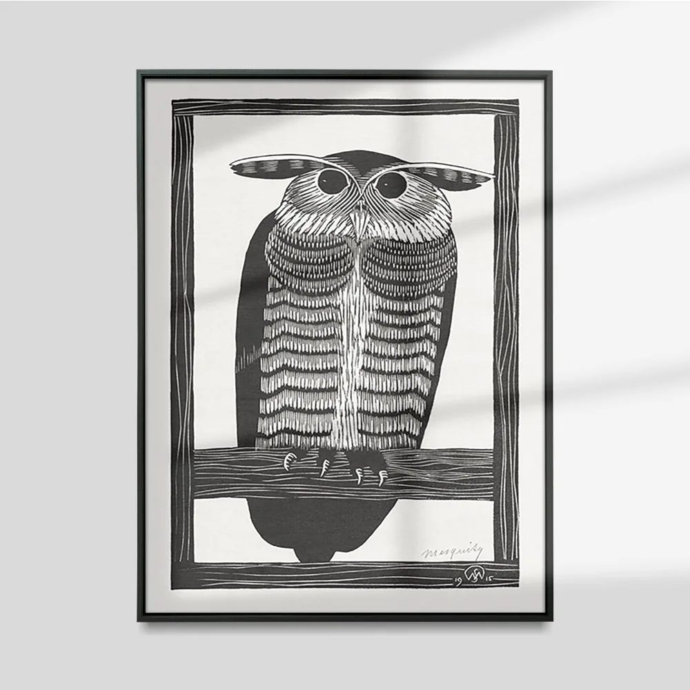 

De Mesquita Poster Great Horned Owl Vintage Canvas Painting Animal Antique Art Print Black White Woodcut Wall Picture Home Decor