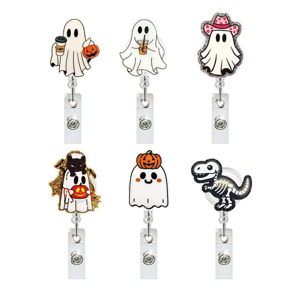 Acrylic Halloween Ghost Skeleton Cat Dinosaur Rotatable ID Badge Holder Retractable Badge Reel Buckle Gifts for Doctor Nurse
