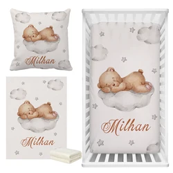 LVYZIHO Sleeping Bear Custom Name Crib Bedding Set, Moon, Cloud and Stars Baby Shower, Personalized Crib Sheet For Boy And Girl