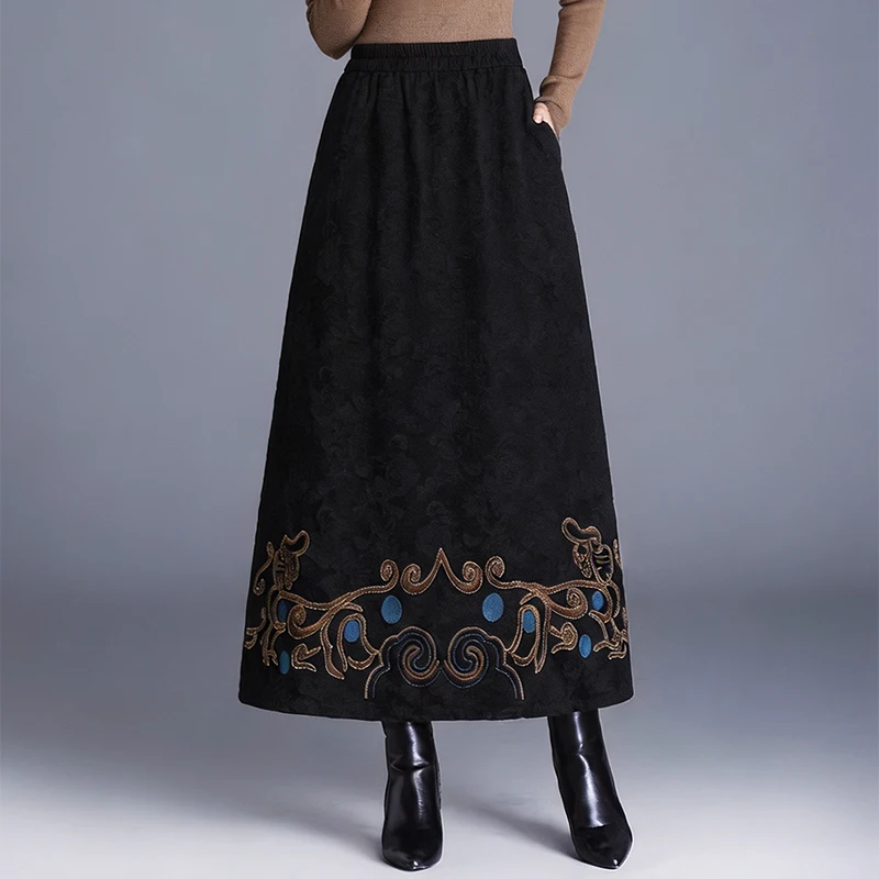 New 2026 Autumn Winter Chinese Style National Trend Half Skirt Embroidered High Waist Slimming Large Swing A-Line Skirt for W...