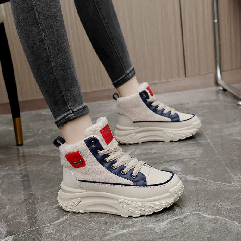 High Top and Plush Cotton Boots 2024 Winter New Item Thick Sole Height Increasing Casual Color Blocked Women's Shoes Keep Warm