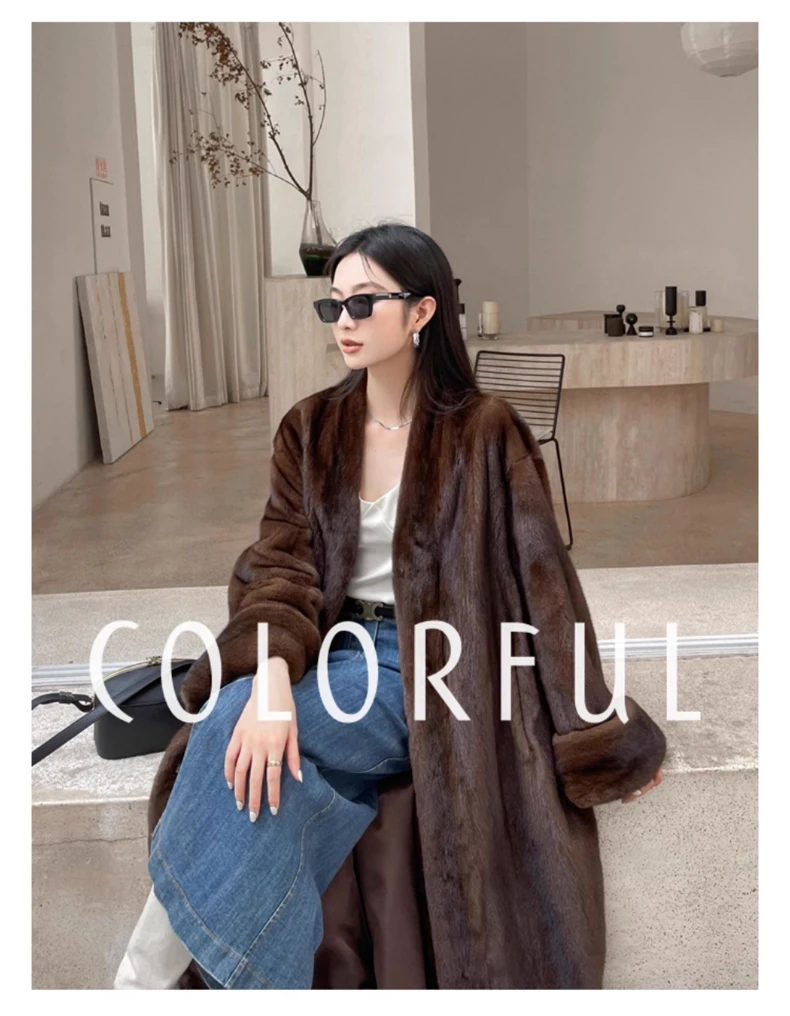 Lautaro Winter Long Vintage Elegant Luxury Chic Thick Warm Soft Brown Fluffy Faux Mink Fur Coat Women V Neck Furry Overcoat 2023