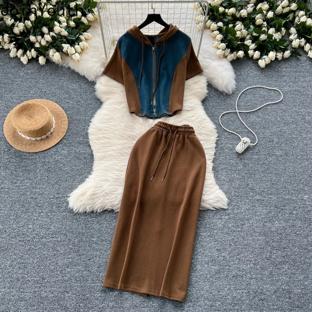 Korean Skirt Outfits Two Piece Set Hooded Zip Lace Up Sweatshirts High Waist Slim Fit A-line Skirt Suit Casual Denim Summer Seta