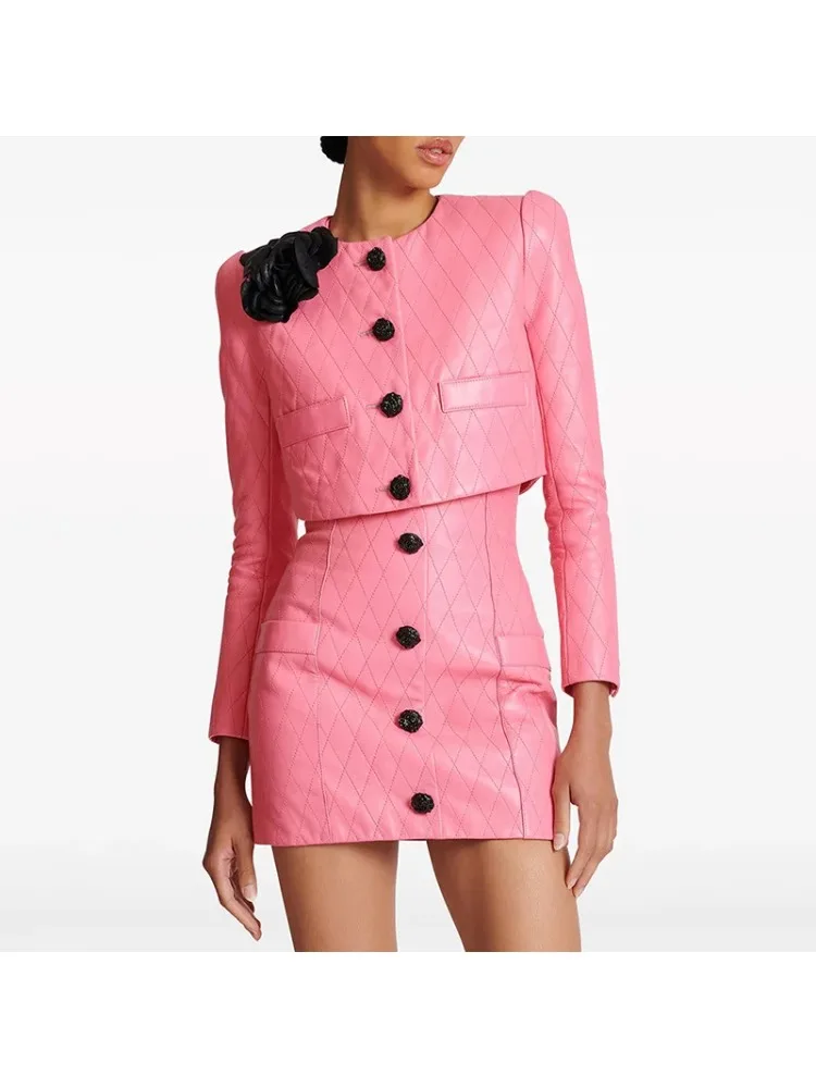 Party Dresses Fashion Flower Decoration Rose Button Diamond Checkered Leather Short Jacket with High Waist Mini Skirt