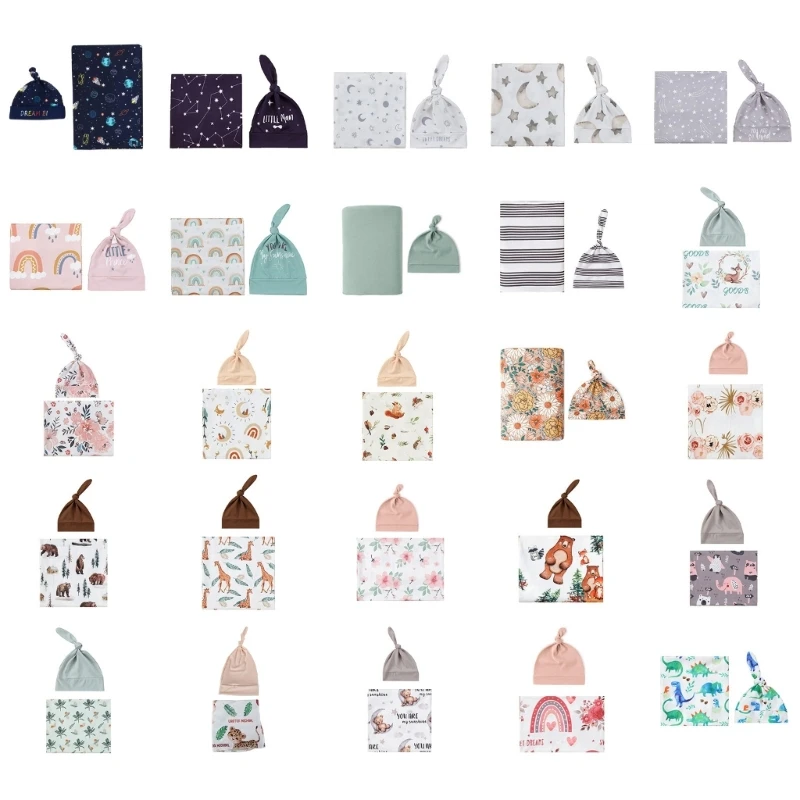 2Pc/set Baby Wrap Cloth Printing Newborn Hairband Breatahble Beanie Wrapping Blanket Set Baby Swaddles Quilts