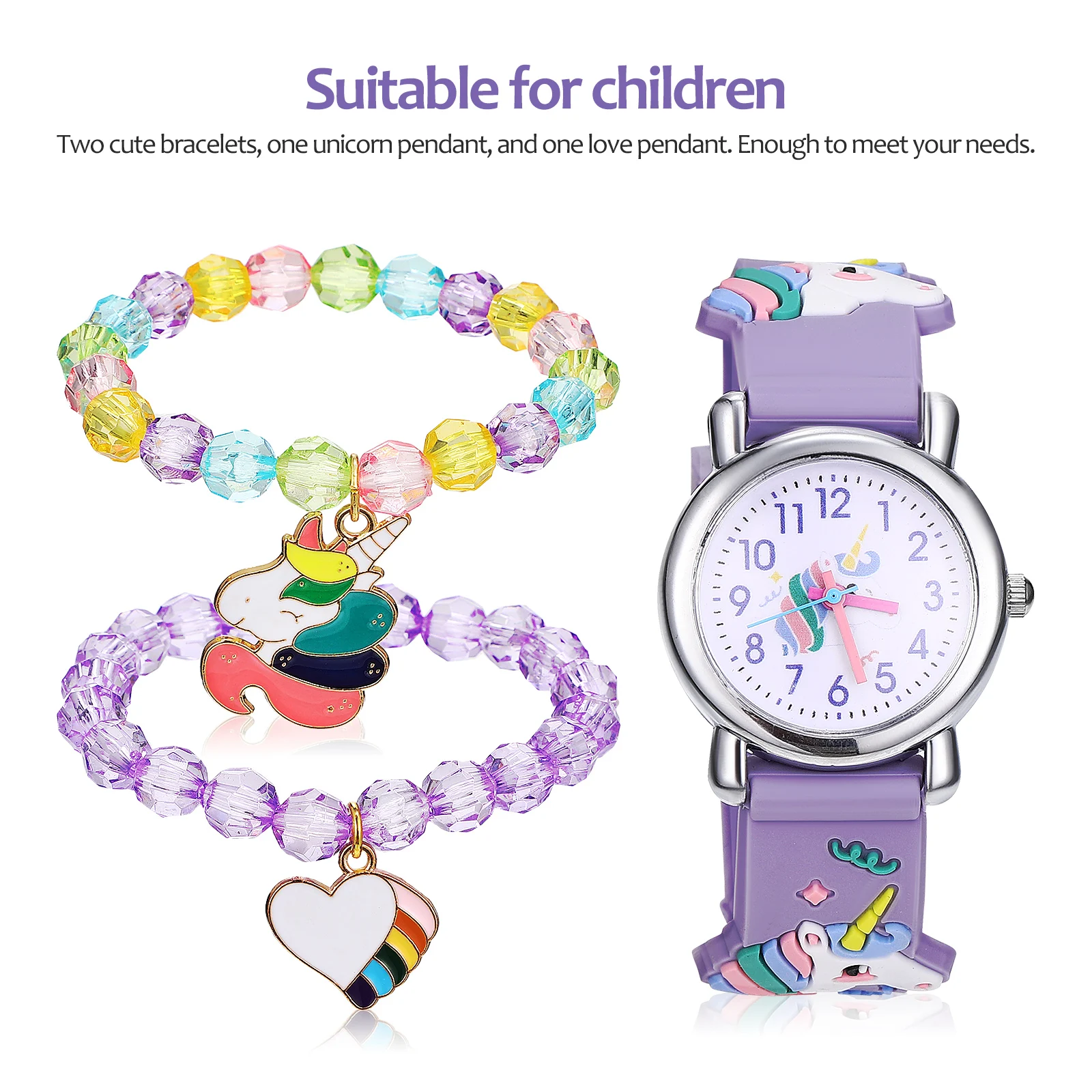 

Unicorn Watch Set Kids Watches Shallow Purple Cartoon Unicorn Pattern Girls Toddler Adjustable Bracelets Gifts