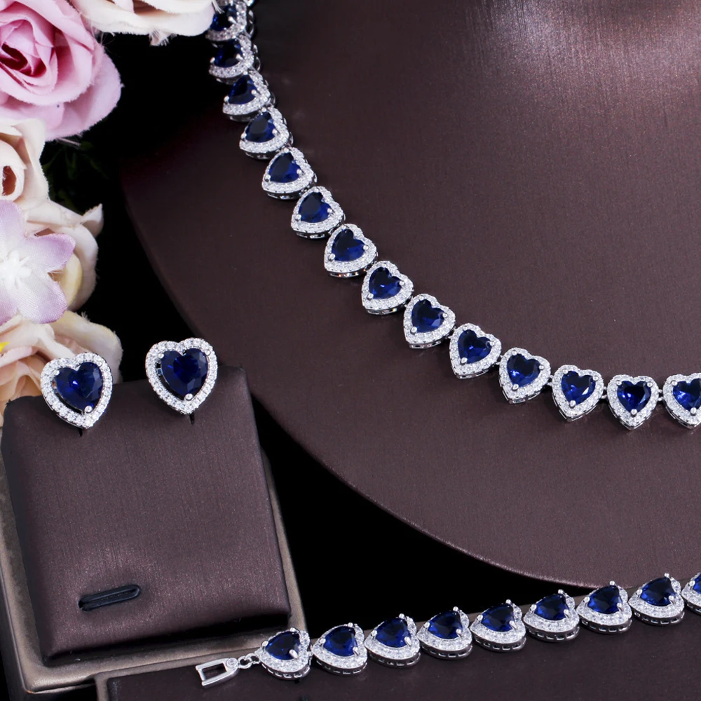 ThreeGraces 4pcs Blue Cubic Zirconia Love Heart Shape Luxury Dubai Bridal Wedding Party Costume Jewelry Set for Women TZ793