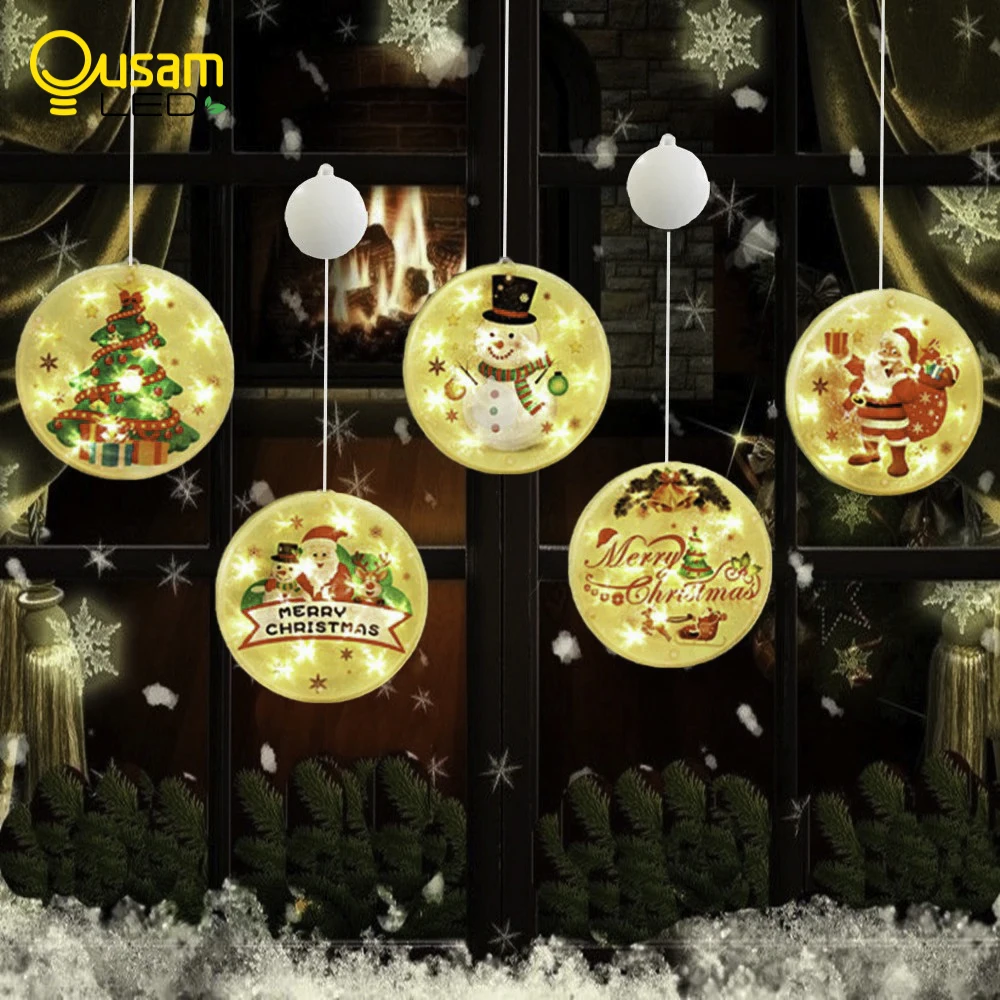 Christmas Fairy Lights Garland Decorative LED Lights Santa Snowman Holiday Lighting Battery Round Lamp For Home Window Decor