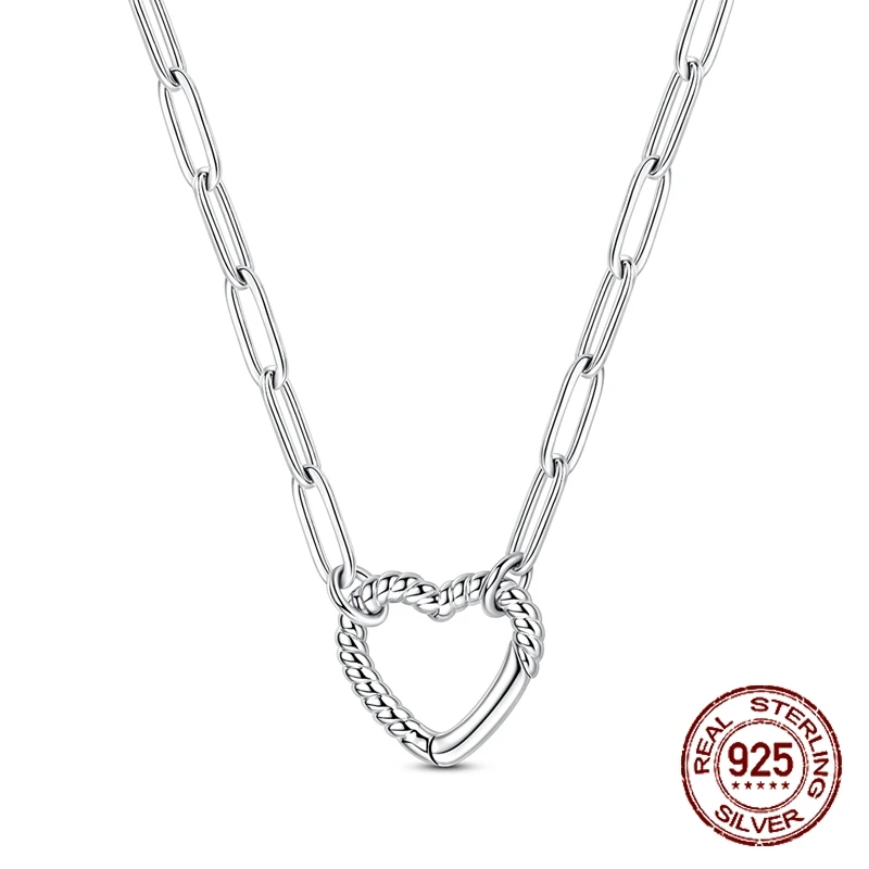 925 Sterling Silver Heart Openable Pendant Necklace Rope Texture Rectangle Link Chain Fashion Jewelry Gift for Women