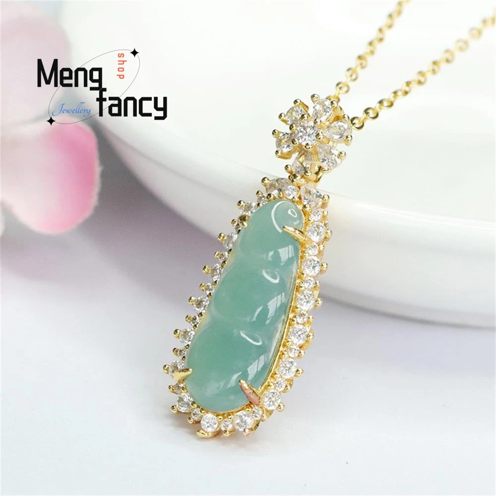 Natural A-goods Jadeite Icy Blue Water Four Season Beans Jade Pendant Exquisite Elegant Simple High-grade Couple Fashion Jewelry