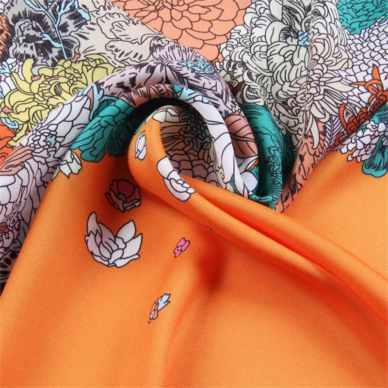 Silk Scarf Women Flower Horse Print Square Scarves Head Echarpes Silk Foulards Femme Wraps Beach Shawls Bandana Lady Hijabs 90CM