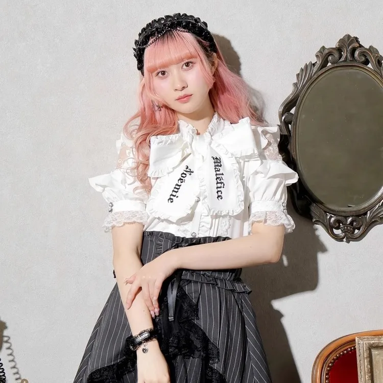 Japanese Lolita Gothic Ruffles Off-Shoulder Bow Short Sleeve Top 2025 Summer New Embroidered Lace Short Sleeve Personality Shirt