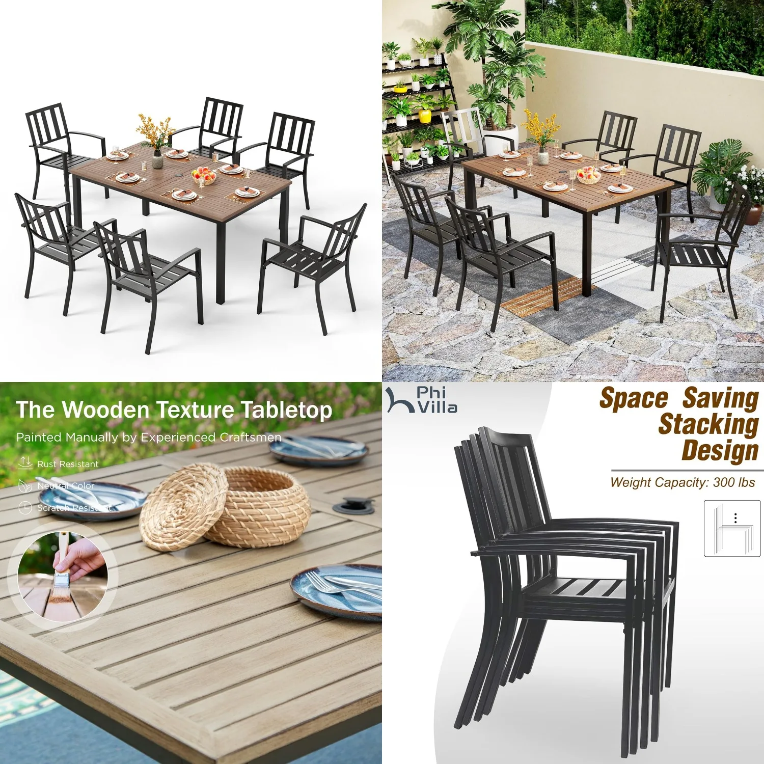 

7 Piece Outdoor Dining Set 65" Brown Wood Look Metal Table Stackable Iron Chairs Patio Deck Yard Porch Customized