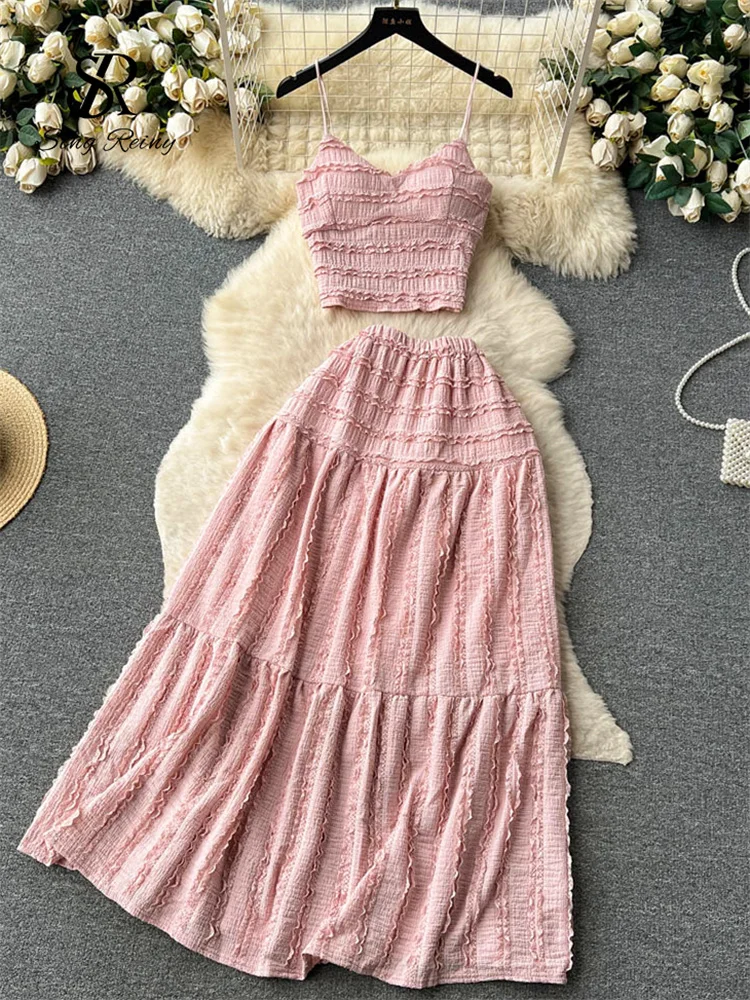 

Two Pieces Sets Summer Lace Patchwork Beach Women Sexy Camisole+A Line Long Skirt Fashion Elastic Bohemian Suits
