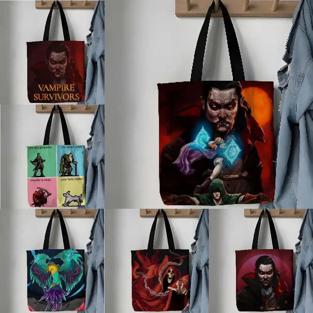 Storage Bags Pattern Tote Bag Aesthetic Canvas Shoulder Bag Lightweight Shopping Bag Game Vampire Survivors-S